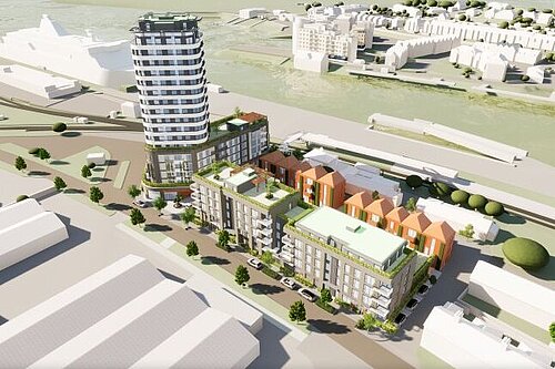 Artist's impression of an 18 storey tower block on Beach Road dominating the industrial, residential and harbour areas of the neighbourhood.