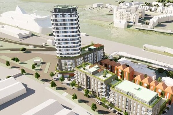 Artist's impression of an 18 storey tower block on Beach Road dominating the industrial, residential and harbour areas of the neighbourhood.