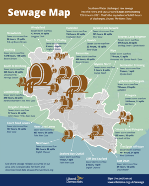 Graphic representation of sewage spills around the Lewes constituency. "Southern Water discharged raw sewage into the rivers and seas around Lewes constituency 735 times in 2021. That's the equivalent of 6,060 hours of discharges. Source: The Rivers Trust."   The map shows twenty four outlets spilling sewage, twenty into rivers and four directly into the sea. The largest is South Street Ditchling with 43 spills over 225 hours into a tributary of the Herrings Stream.