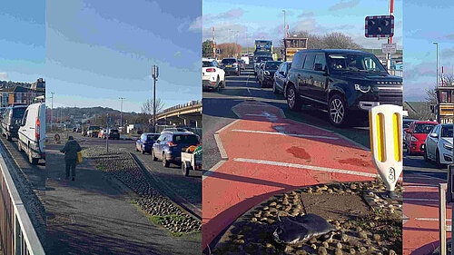 A montage of images of cars queuing on the main roads on Newhaven. Nobody is going anywhere, by the look of these pictures.