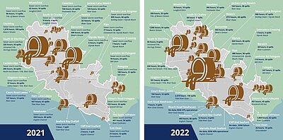 Side by side maps showing sewage discharges for 2021 and 2022 in Lewes constituency. The figures for 2022 are nearly all worse at every outlet, and several outlets are shown to have non-functioning monitors, so the discharge rate is unknown.