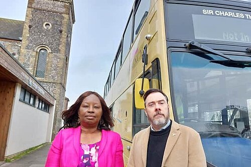 Councillors Janet Baah and Kevin West at the bus stop arranged after the closure of Lewes bus station